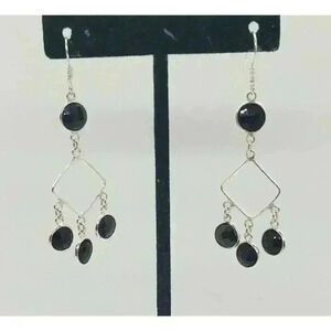 Earrings Black Onyx & 925 Sterling Silver Faceted Cut Stone Dangle Drop